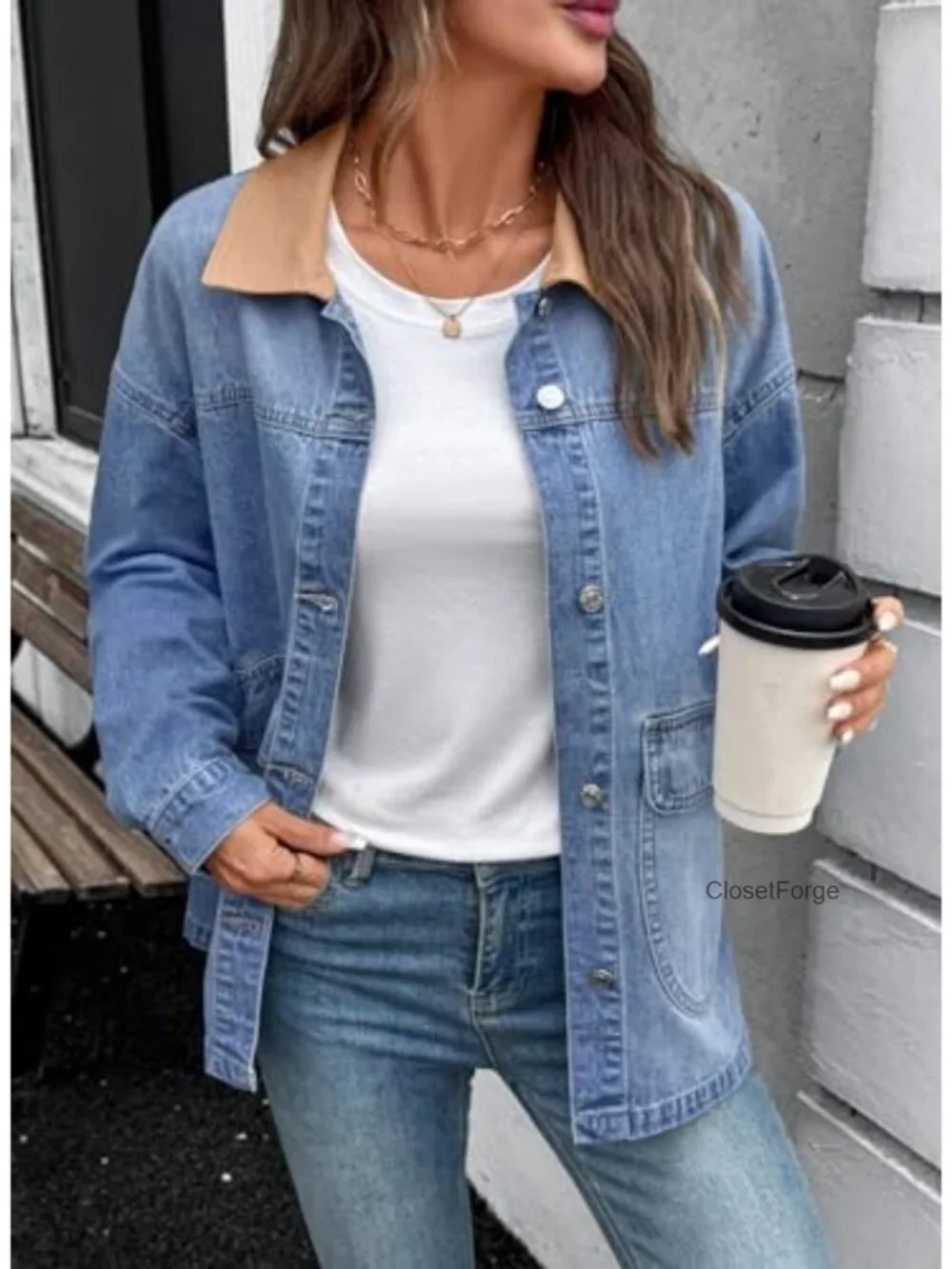 Oversized Button Down Denim Jacket with Pockets